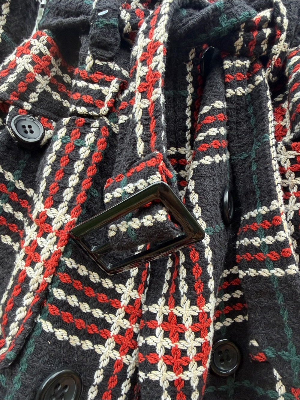 Plaid Belted Wool-Blend Trench Coat - blue, orange, green, Cream - Picture 3 of 7